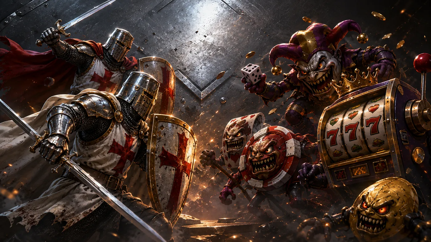 Crusado knights charging jester slot symbols across a battlefield